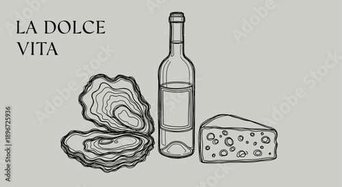 la dolce vita line art with oysters wine and cheese on a grey background perfect for italian lifestyle and luxury food concepts.