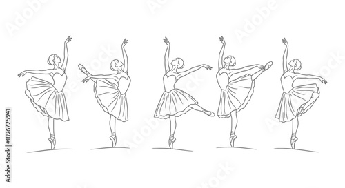 five graceful ballerinas showcasing elegant classical dance poses in a clean minimalist line art style perfect for artistic projects design and branding.