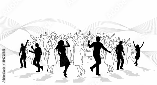 energetic crowd dancing and celebrating black silhouettes and outlines on abstract wavy background ideal for party music event needs.