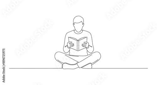 line art drawing of a person sitting cross-legged deeply focused on reading a book representing education knowledge and quiet contemplation.
