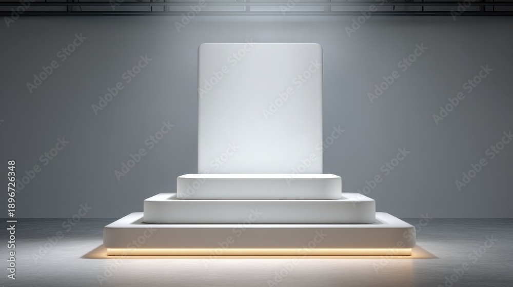 Fototapeta premium Minimalist Exhibition Space Featuring Clean Display Pedestal with Soft Lighting and Smooth Background in Modern Gallery Setting