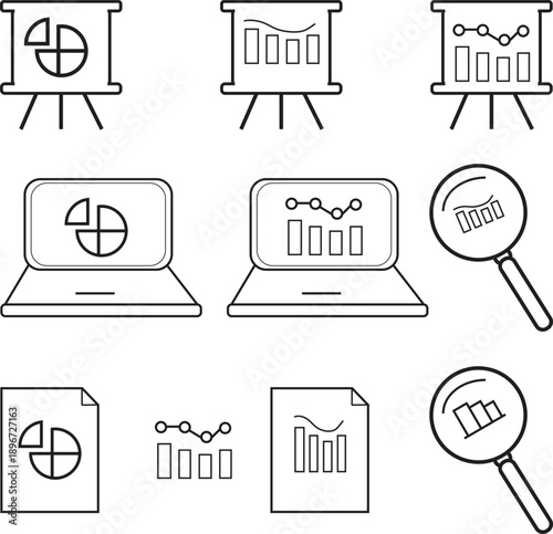 Collection of black and white line art icons representing data analysis and reporting