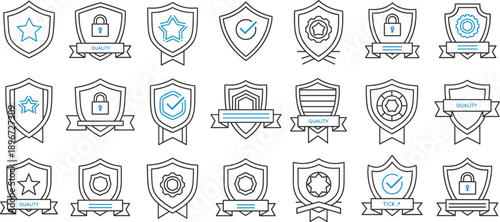 Set of shield badges and quality warranty icons with stars padlocks and checkmarks in line art style for business trust and security concepts