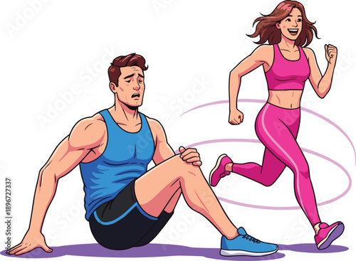 Funny Fitness Concept with Exhausted Man Nursing Knee Injury and Energetic Woman Running