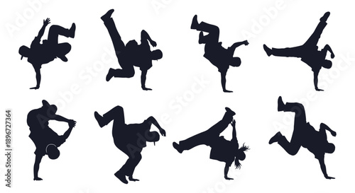 breakdance dancers in dynamic b-boy and b-girl power move silhouettes isolated on white embodying energetic street dance and hip hop