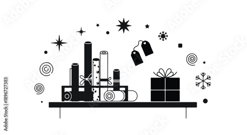 Elegant monochrome graphic depicting festive gift wrapping, presents, and decorative elements arranged on a shelf for holiday season celebrations