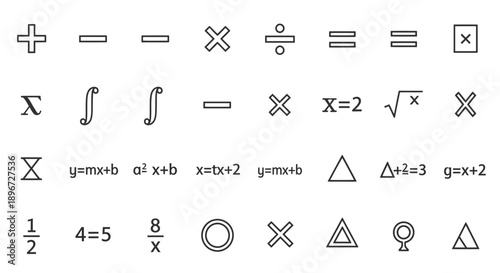 Outline collection of mathematical and algebraic symbols and equations on isolated white background