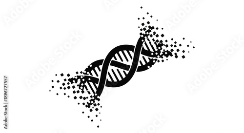 Abstract representation of a DNA helix fragmenting into particles, symbolizing genetic science and breakdown