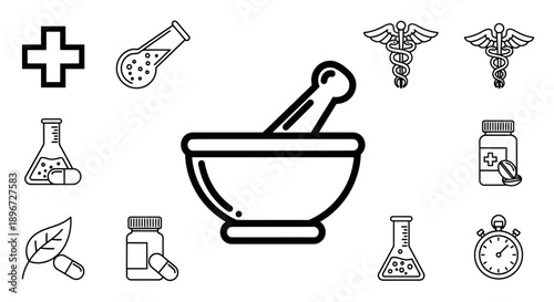 Outline collection of pharmacy and medicine icons on isolated white background