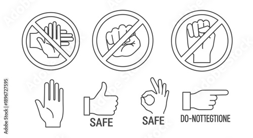 Collection of hand gesture icons for safety and prohibition in outline on isolated white background