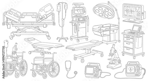 Collection of detailed outline medical and hospital equipment icons, including beds, surgical tools, monitors, and wheelchairs, for healthcare concepts on an isolated white background.
