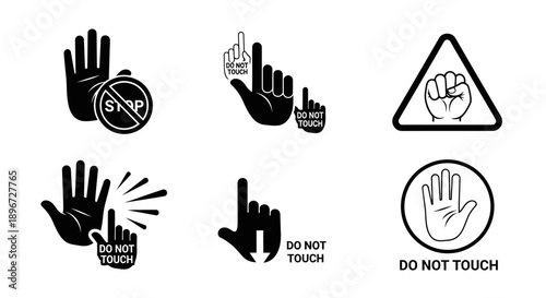Collection of black outline hand gesture warning signs, including 'Stop' and 'Do Not Touch' symbols, on an isolated white background, indicating prohibition and caution.