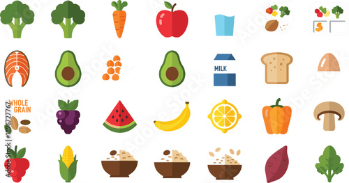 Large set of flat design healthy food icons featuring fruits vegetables whole grains protein and dairy for nutrition and balanced diet concepts