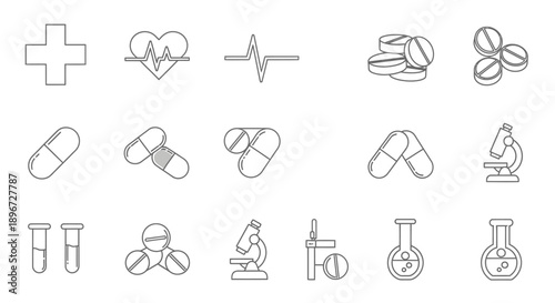 Comprehensive collection of medical and healthcare icons, representing health, science, and treatment on isolated white background.