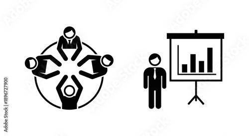 Business professionals in a meeting with one person giving a presentation using a chart on an isolated white background.