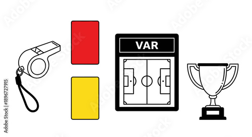 Soccer referee tools with a whistle, red and yellow cards, VAR screen, and a championship trophy on an isolated white background.