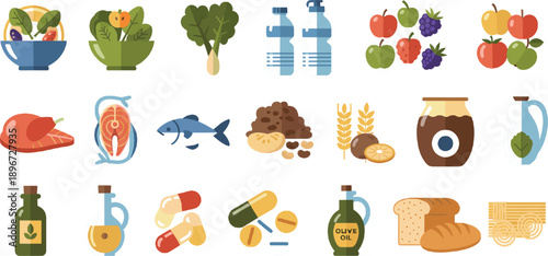 Collection of healthy diet icons featuring fresh salads fruits protein sources oils and vitamin supplements isolated on grey background