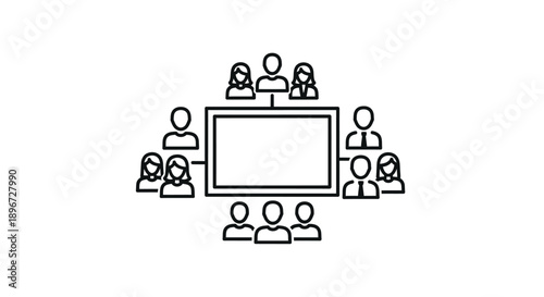 Group of diverse people engaging in a business meeting or educational conference around a central table with a presentation screen, fostering collaboration and learning, isolated white background.
