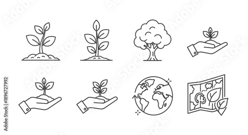 Collection of environmental and ecology icons including growing plants, a tree, hands nurturing saplings, the Earth, and a geographical map, promoting sustainability background.