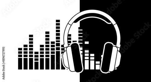 Modern headphones with audio equalizer bars, representing music, sound production, and entertainment, against a stylized split black and white background.