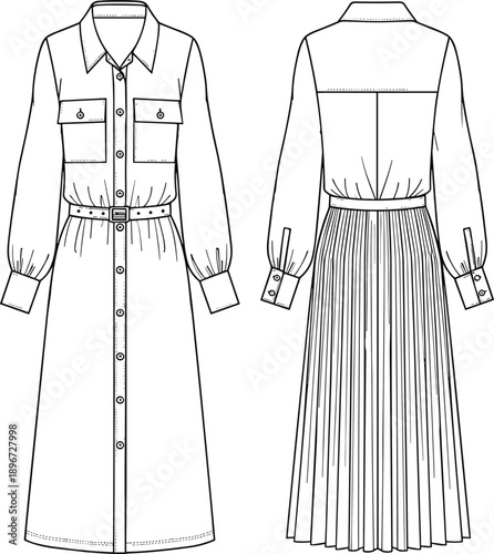 Women's long sleeve belted midi shirtdress technical flat sketch, featuring chest flap pockets, button placket, pleated skirt, and classic shirt collar, isolated vector illustration template.