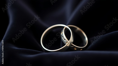 electroluminescence. Two silver wedding bands overlapping on dark velvet fabric. lifestyle magazines, social media lookbooks, designed for lifestyle magazines and social media content.