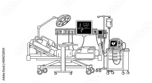 Operating Room with Hospital Bed and Critical Medical Equipment for Surgery on Isolated White Background