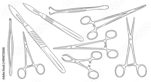 Assortment of Surgical Instruments Scalpels Forceps and Scissors Outline on Isolated White Background