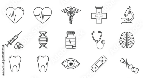 Comprehensive Medical and Healthcare Icons Set, Diagnostics Treatment Research Anatomy, Health Symbols, Isolated White Background