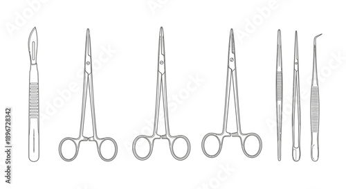 Detailed Collection of Surgical Medical Instruments, Scalpel Forceps Tweezers, Operation Equipment, Isolated White Background