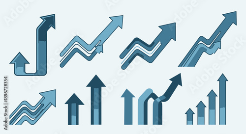 Diverse set of blue arrow vectors illustrating growth, trends and positive dynamics in business