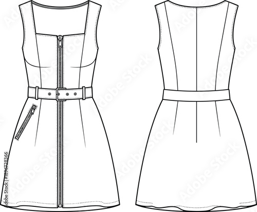 Women's sleeveless A-line mini dress technical flat sketch, featuring a full-length exposed zipper, square neck, belted waist, and slant pocket detail, isolated vector illustration template.