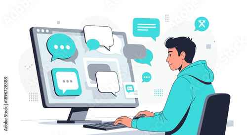 Engaged in digital communication with diverse dialogue bubbles on a desktop computer creating a