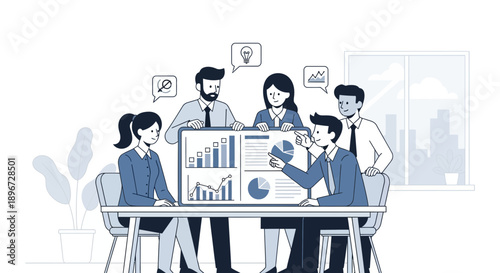 Teamwork in business presentation and data analysis strategy session at the office shows