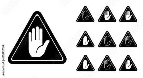 Set of stop hand warning signs in different variations, isolated white background