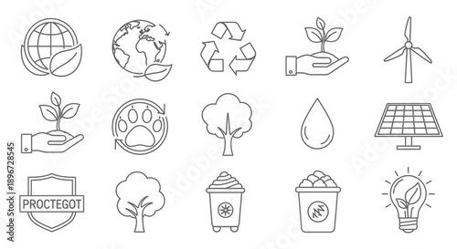 Diverse collection of environmental and ecological outline icons, isolated white background