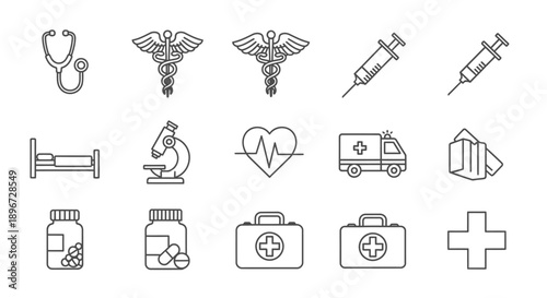 Assortment of essential medical and healthcare related line art icons, isolated white background