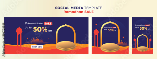 Ramadan sale social media template with mosque silhouette, golden podium, Islamic arch, desert landscape, and night sky. Editable promotional banner for Ramadan discount, ecommerce, product showcase,.