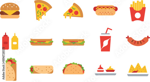 Set of colorful fast food icons featuring burger pizza slices hot dog french fries and tacos isolated on grey background for restaurant menu design
