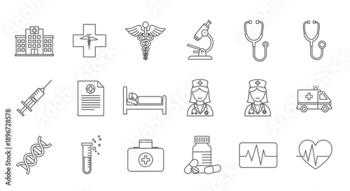 Comprehensive set of medical and healthcare outline icons, isolated white background