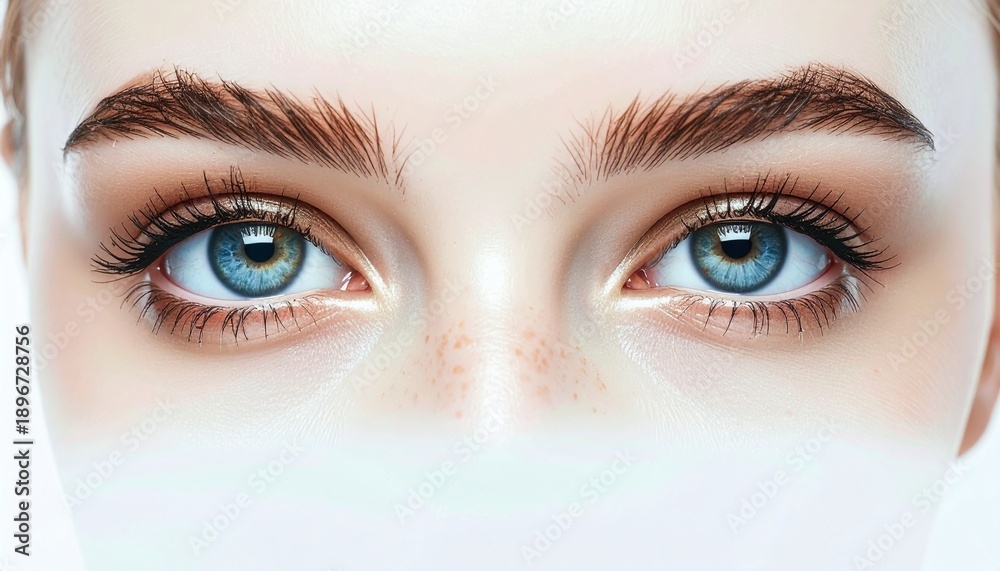 Obraz premium Close-up of realistic human eyes reflecting a calm abstract horizon in a studio portrait