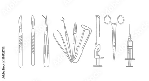 Set of detailed surgical instruments, medical tools, and equipment for operation in a hospital, isolated white background.