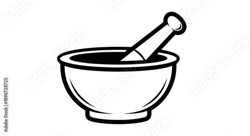 Traditional mortar and pestle outline icon, pharmacy tool for grinding ingredients, isolated white background.