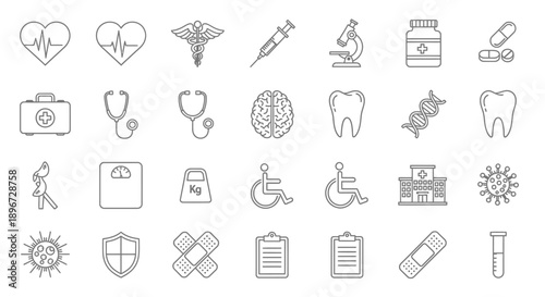 Large set of medical and healthcare flat line icons, diverse hospital elements, isolated white background.