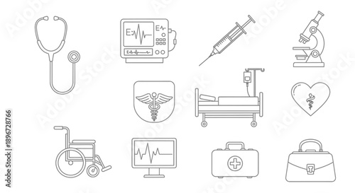 Collection of medical and healthcare outline icons, diagnostic tools set, isolated white background.