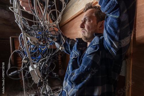 A stressed adult male struggles with a chaotic tangle of various electronic cables, USB cords, and chargers in a dark room. Conceptual image for technology frustration, IT problems, and the need for o