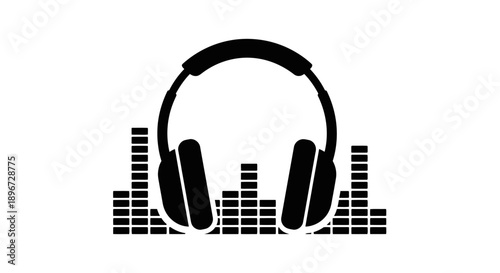 Headphones with digital sound equalizer bars, music listening audio device, isolated white background.