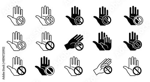 Set of hand gestures with prohibition signs indicating 'do not touch' or 'stop' in line and solid styles on isolated white background