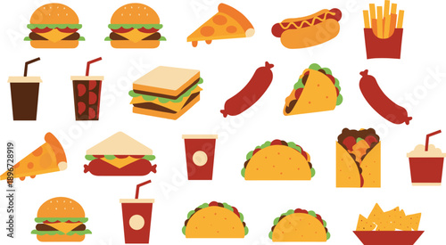 Set of flat design fast food icons featuring burgers pizza slices tacos hot dogs and soft drinks isolated on grey background for restaurant branding