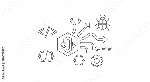 Software development and coding process with merge and bug fixing concept line icons on isolated white background
